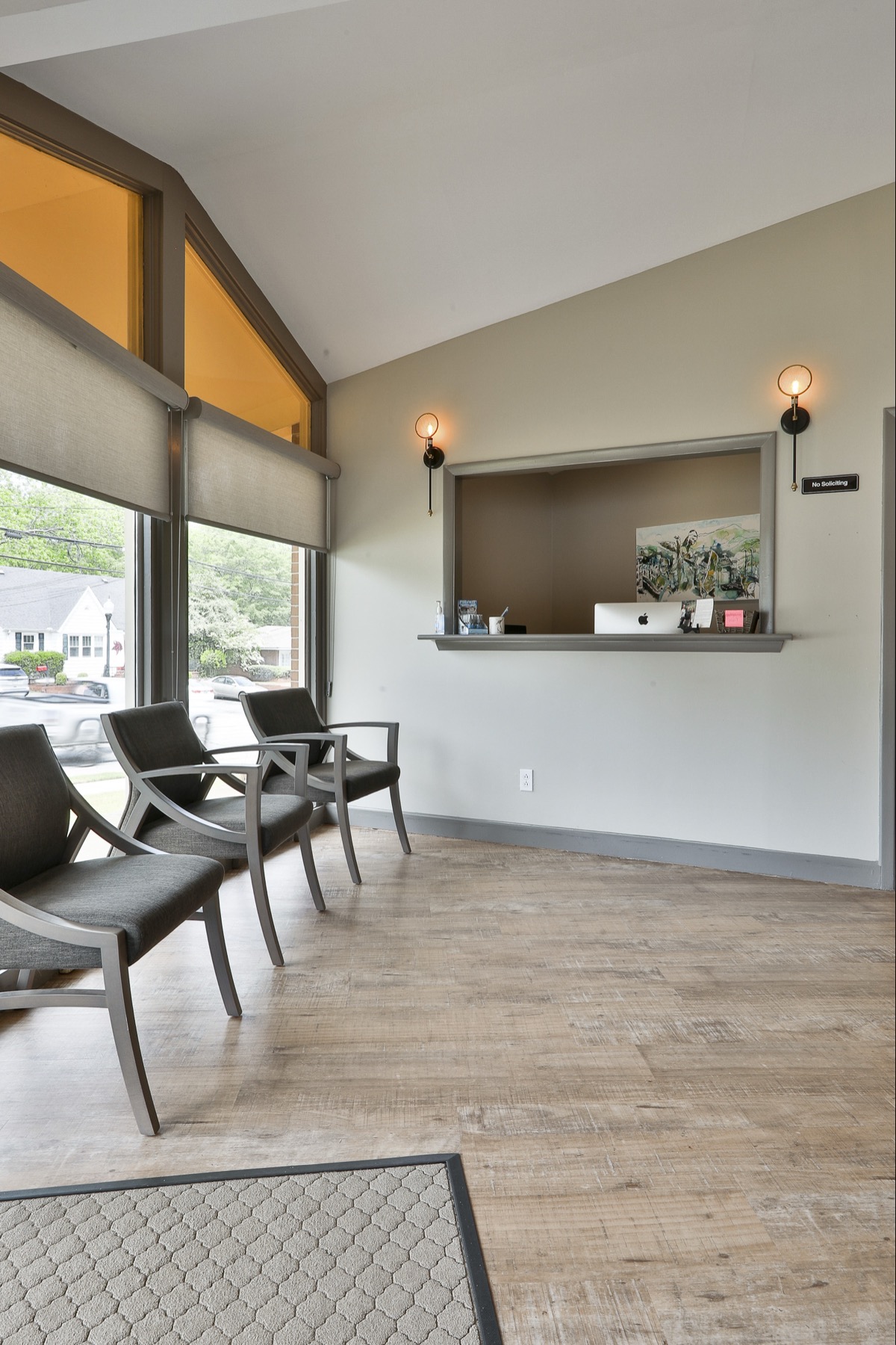 Bright reception area with large windows