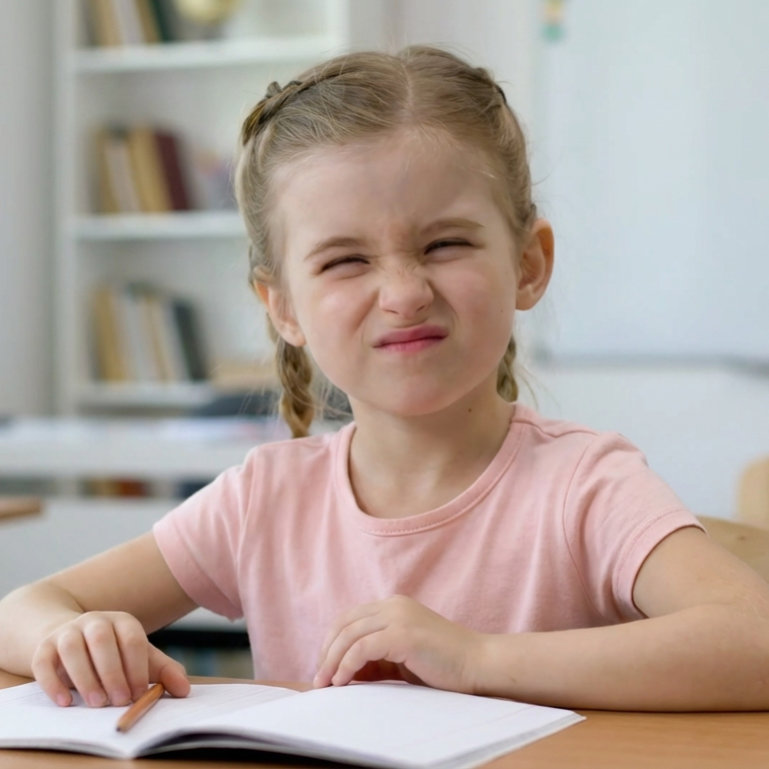 Child squinting to see a distant whiteboard
